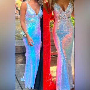 Iridescent size 00 prom dress open back, train dress with hook